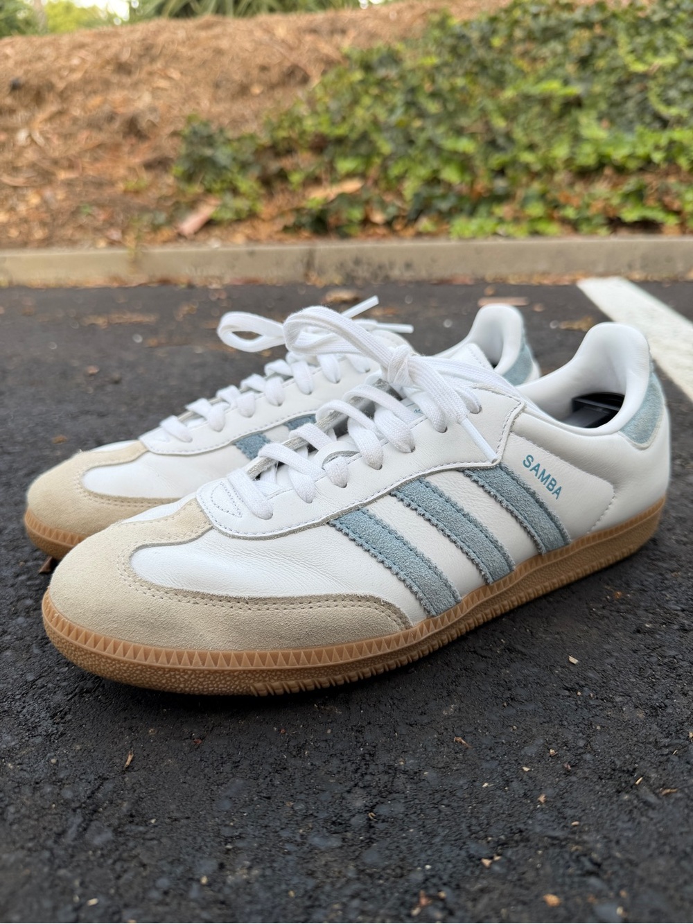 adidas Samba Women’s White with Light Blue Stripes and Gum Sole